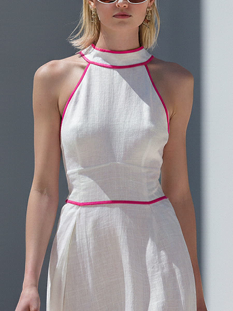 Women's Elegant White Cotton-Linen Maxi Dress — Halter Neck, Empire Waist, With Pink Piping MDZ1183D0GMJ