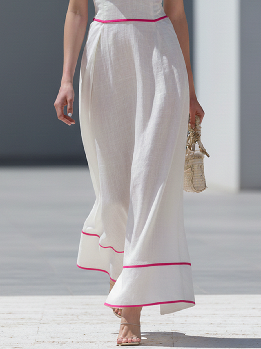 Women's Elegant White Cotton-Linen Maxi Dress — Halter Neck, Empire Waist, With Pink Piping MDZ1183D0GMJ