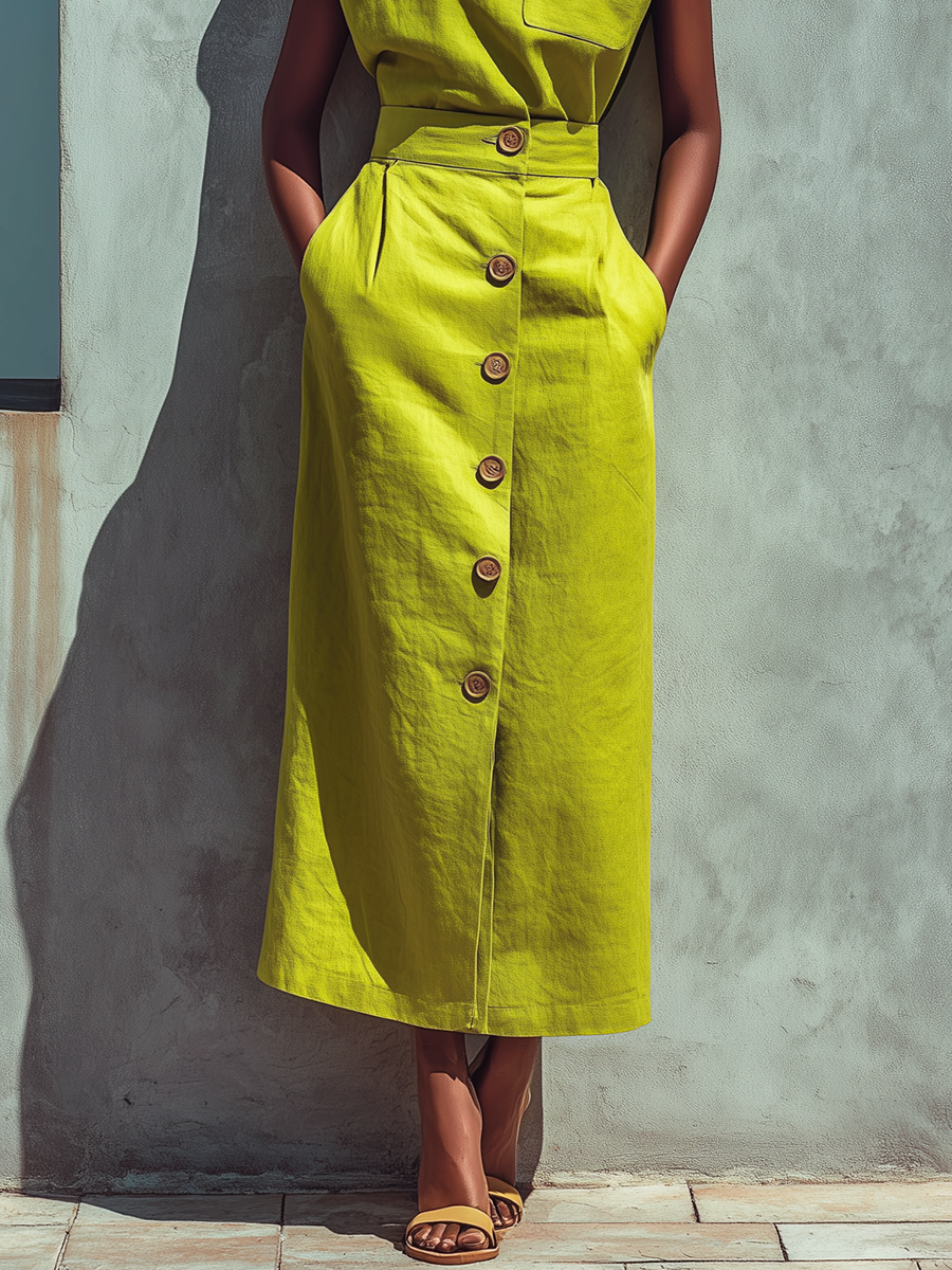 Women's Lemon Green Linen-Blend Sleeveless Top And Button-Front Midi Skirt Set MDZ1343D3T
