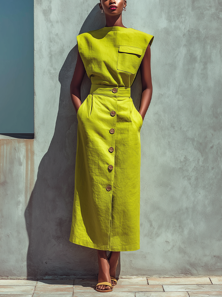 Women's Lemon Green Linen-Blend Sleeveless Top And Button-Front Midi Skirt Set MDZ1343D3T