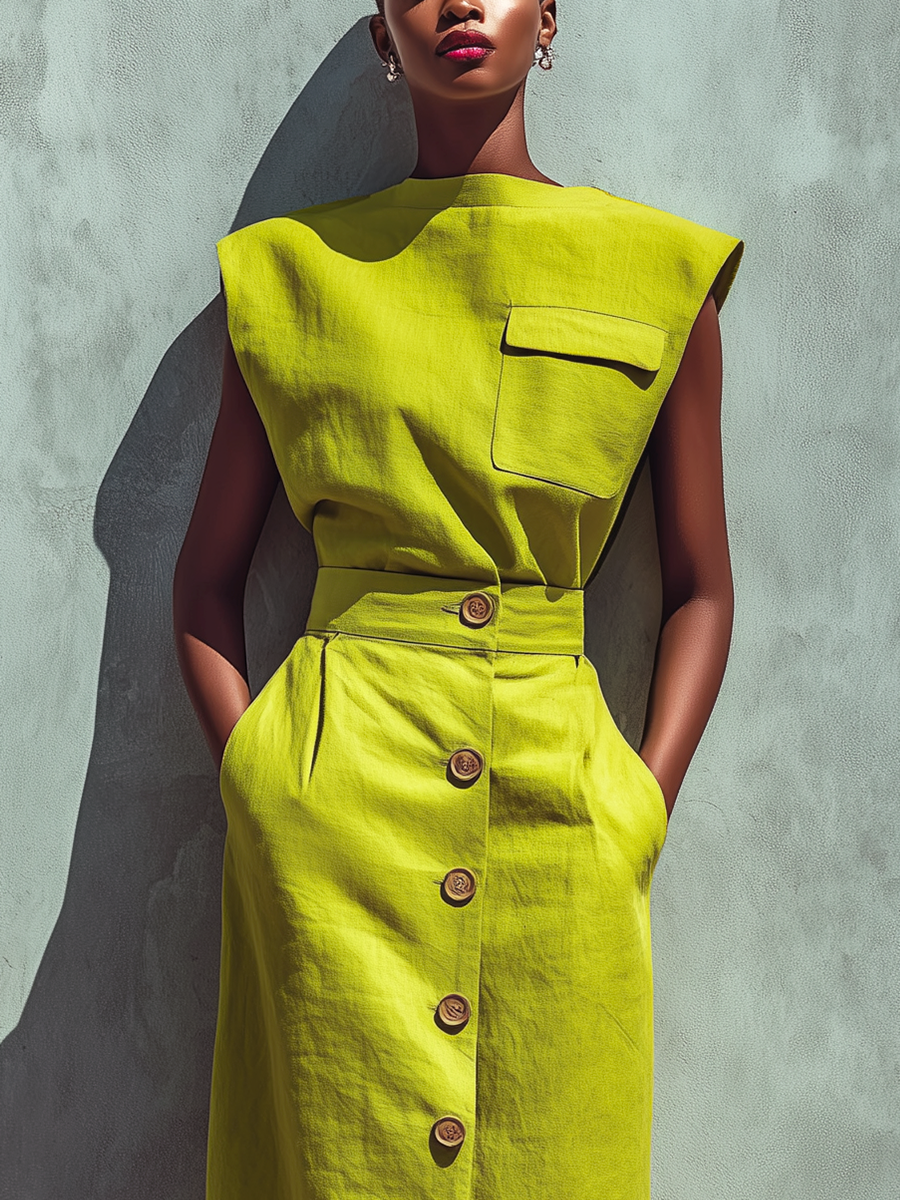 Women's Lemon Green Linen-Blend Sleeveless Top And Button-Front Midi Skirt Set MDZ1343D3T