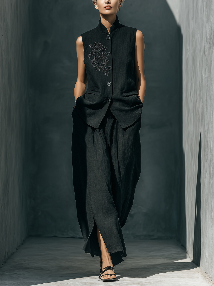 Women’s Black Linen-Blend Stand Collar Floral Embroidered Sleeveless Vest & High-Waisted Skirt Two-Piece Set MDZ1351D1T