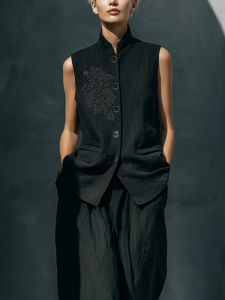 Women’s Black Linen-Blend Stand Collar Floral Embroidered Sleeveless Vest & High-Waisted Skirt Two-Piece Set MDZ1351D1T