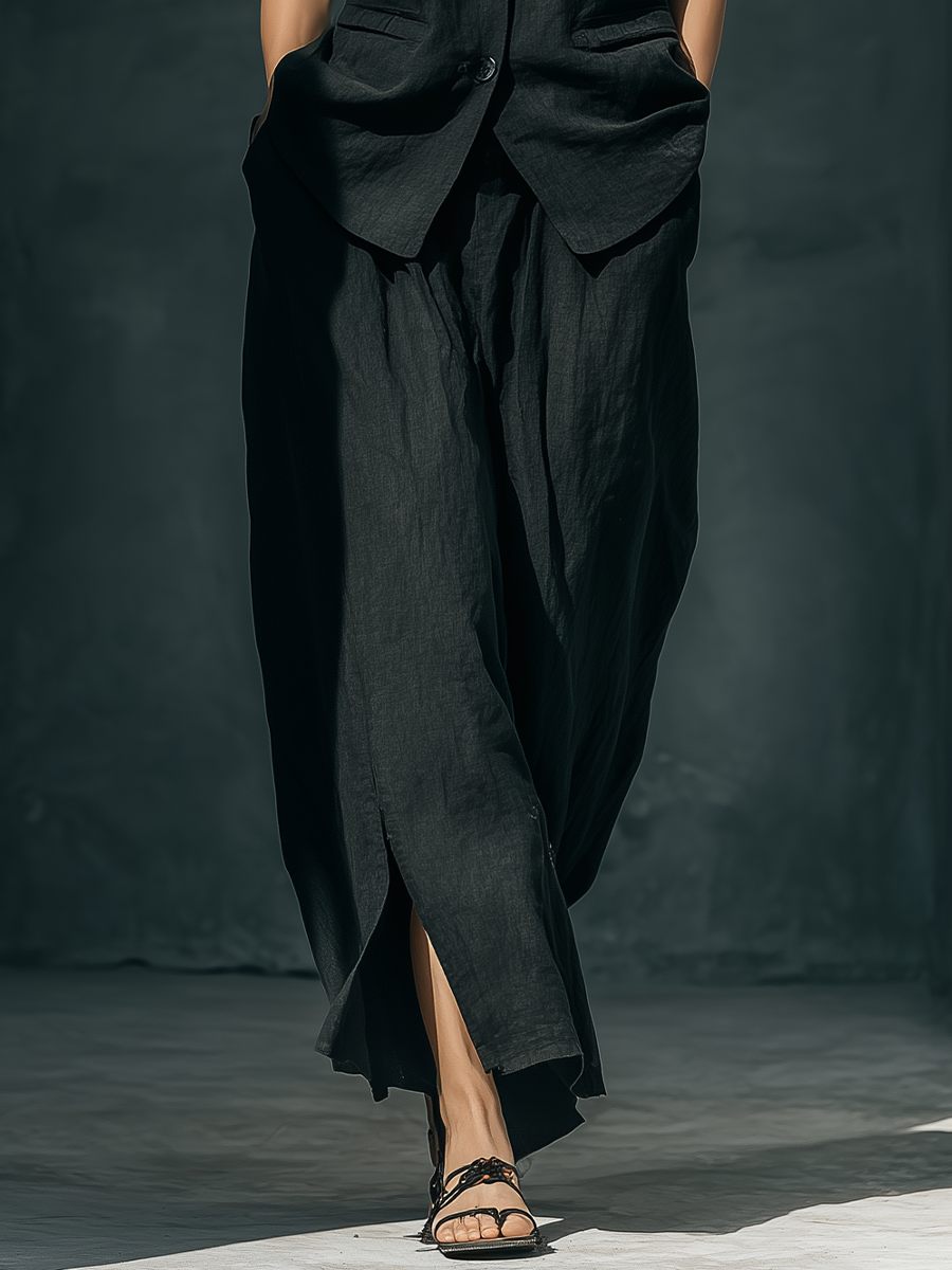 Women’s Black Linen-Blend Stand Collar Floral Embroidered Sleeveless Vest & High-Waisted Skirt Two-Piece Set MDZ1351D1T