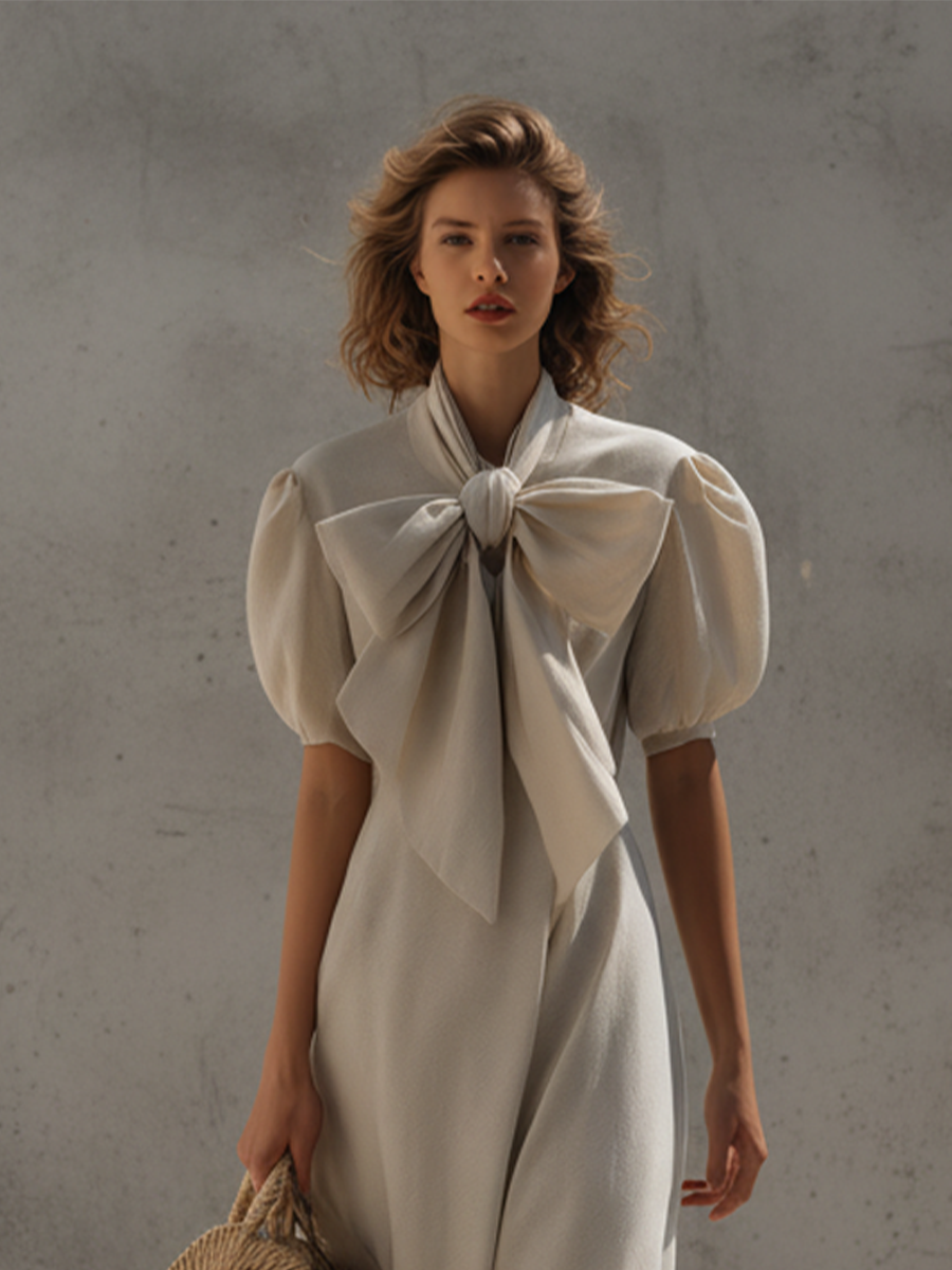 Women's Beige Linen Maxi Dress With Statement Neck Bow & Puff Sleeves, Timeless Feminine-Elegant Style Dress MDZ1316D0LYL