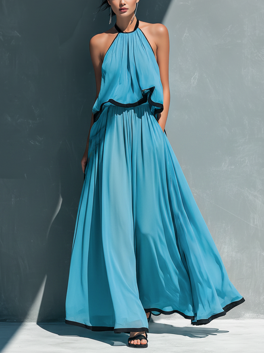 Women’s Sky Blue Chiffon Halter Neck Ruched Contrast Trim Crop Cami Top And High-Waisted Chiffon Flared Trousers Set MDZ1399D9T