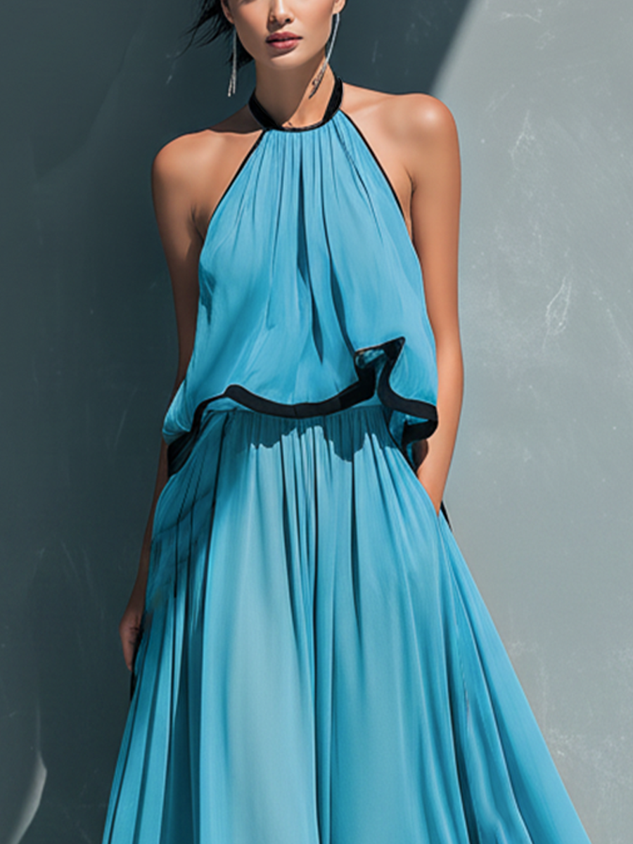 Women’s Sky Blue Chiffon Halter Neck Ruched Contrast Trim Crop Cami Top And High-Waisted Chiffon Flared Trousers Set MDZ1399D9T