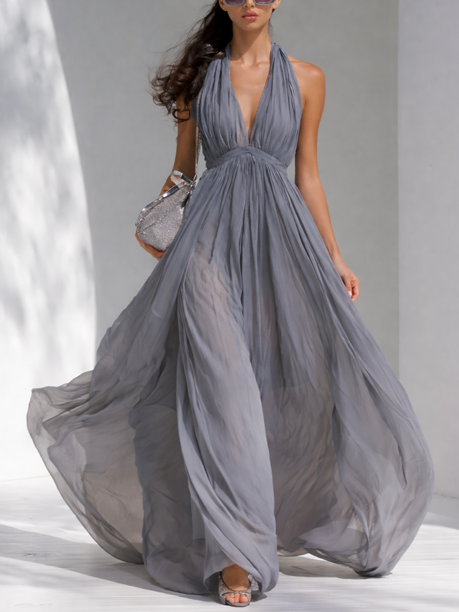 Women's Elegant Grey Chiffon V-Neck Halter Neck Flowy Long Dress MDZ1327D1GMJ