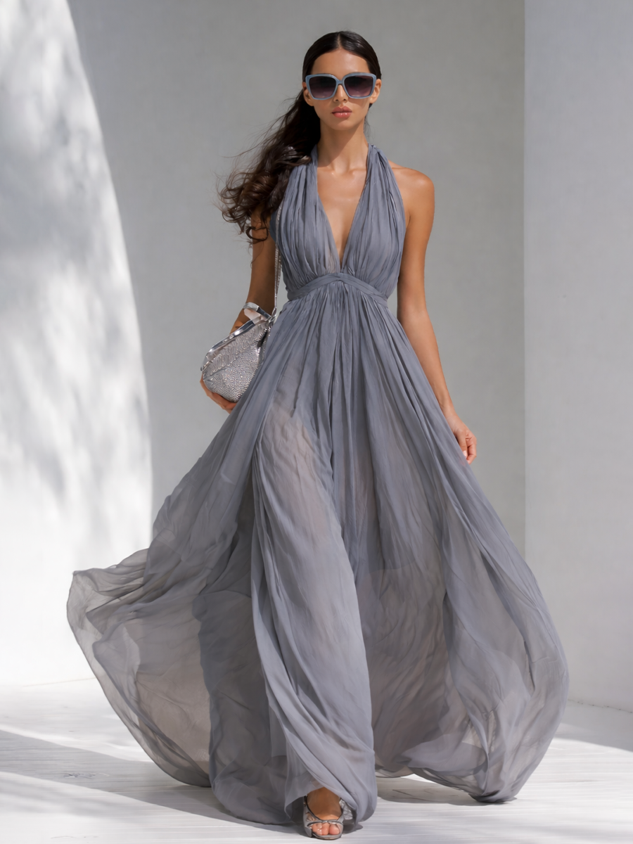 Women's Elegant Grey Chiffon V-Neck Halter Neck Flowy Long Dress MDZ1327D1GMJ