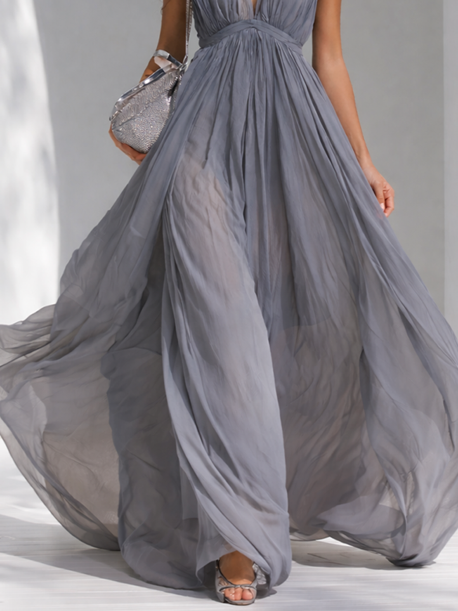 Women's Elegant Grey Chiffon V-Neck Halter Neck Flowy Long Dress MDZ1327D1GMJ