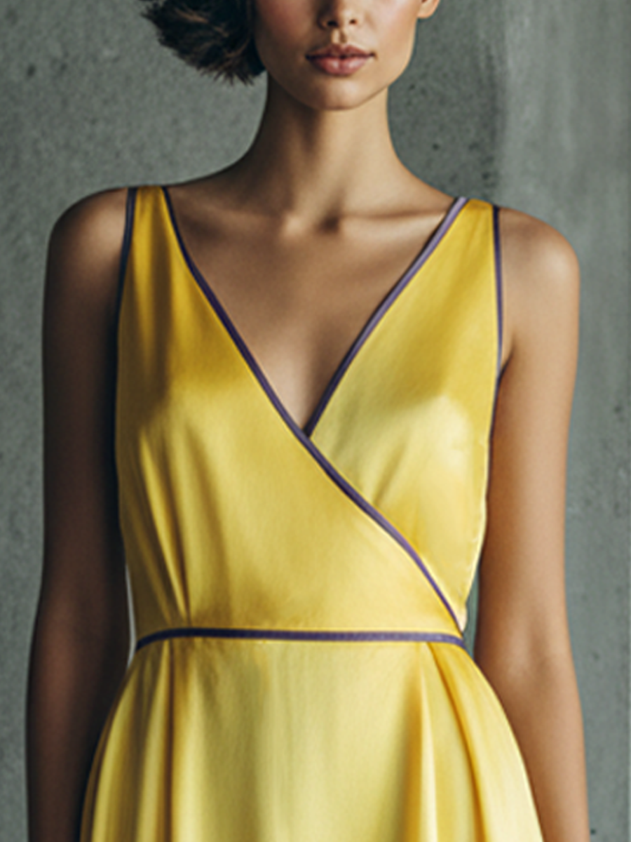 Women's Elegant Yellow Satin With Purple Piping V-Neck Cinched Waist Midi Dress MDZ1388D2GMJ