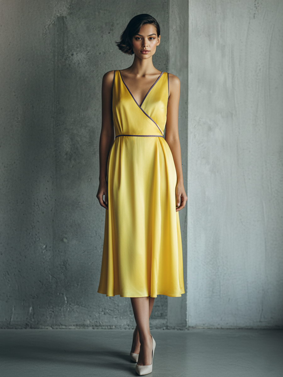 Women's Elegant Yellow Satin With Purple Piping V-Neck Cinched Waist Midi Dress MDZ1388D2GMJ