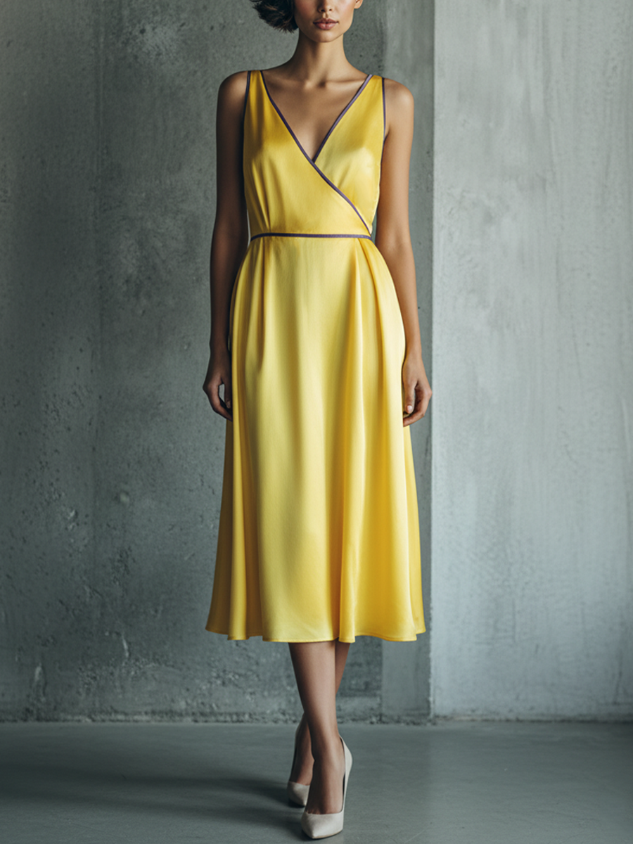 Women's Elegant Yellow Satin With Purple Piping V-Neck Cinched Waist Midi Dress MDZ1388D2GMJ