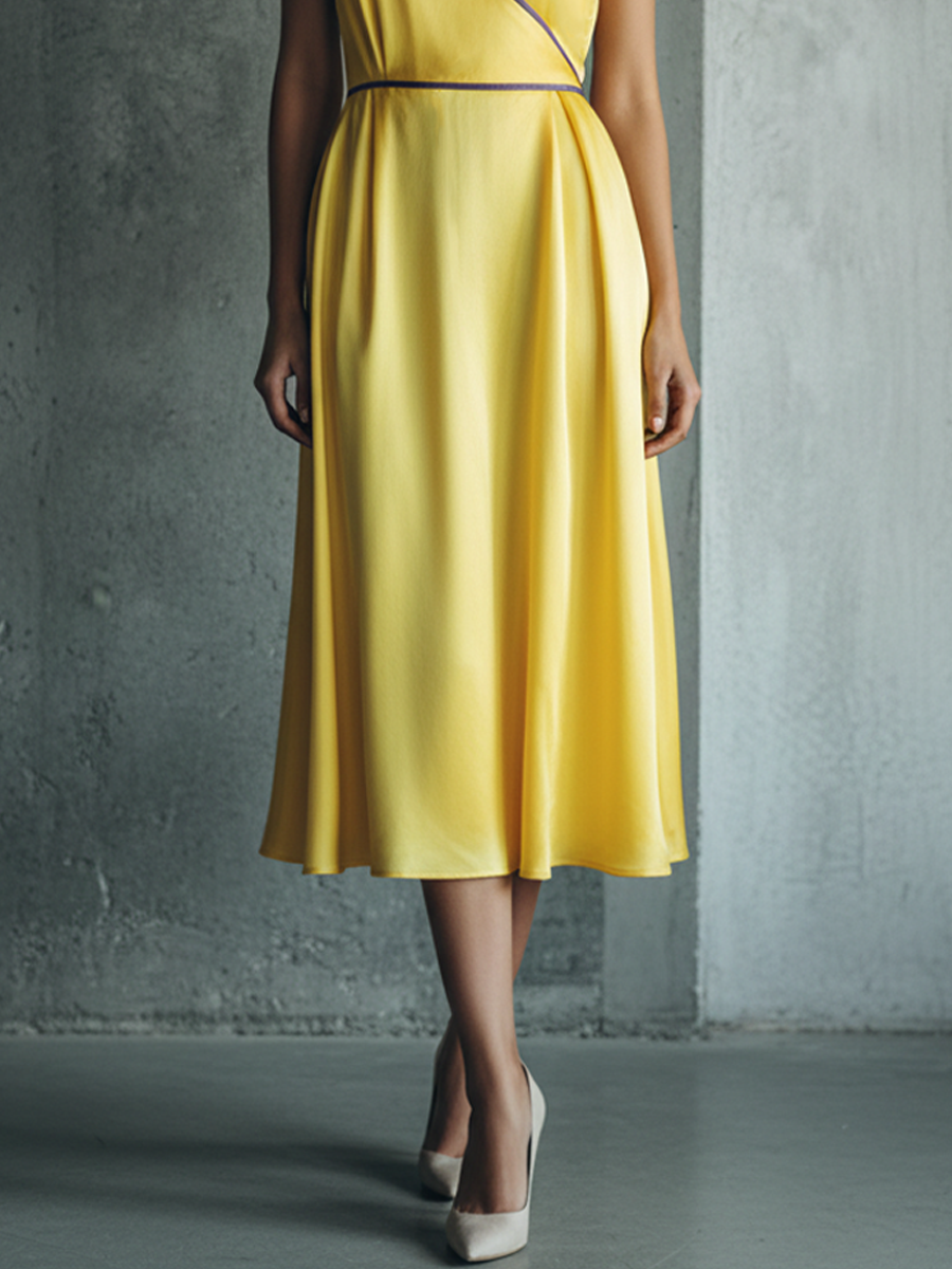 Women's Elegant Yellow Satin With Purple Piping V-Neck Cinched Waist Midi Dress MDZ1388D2GMJ