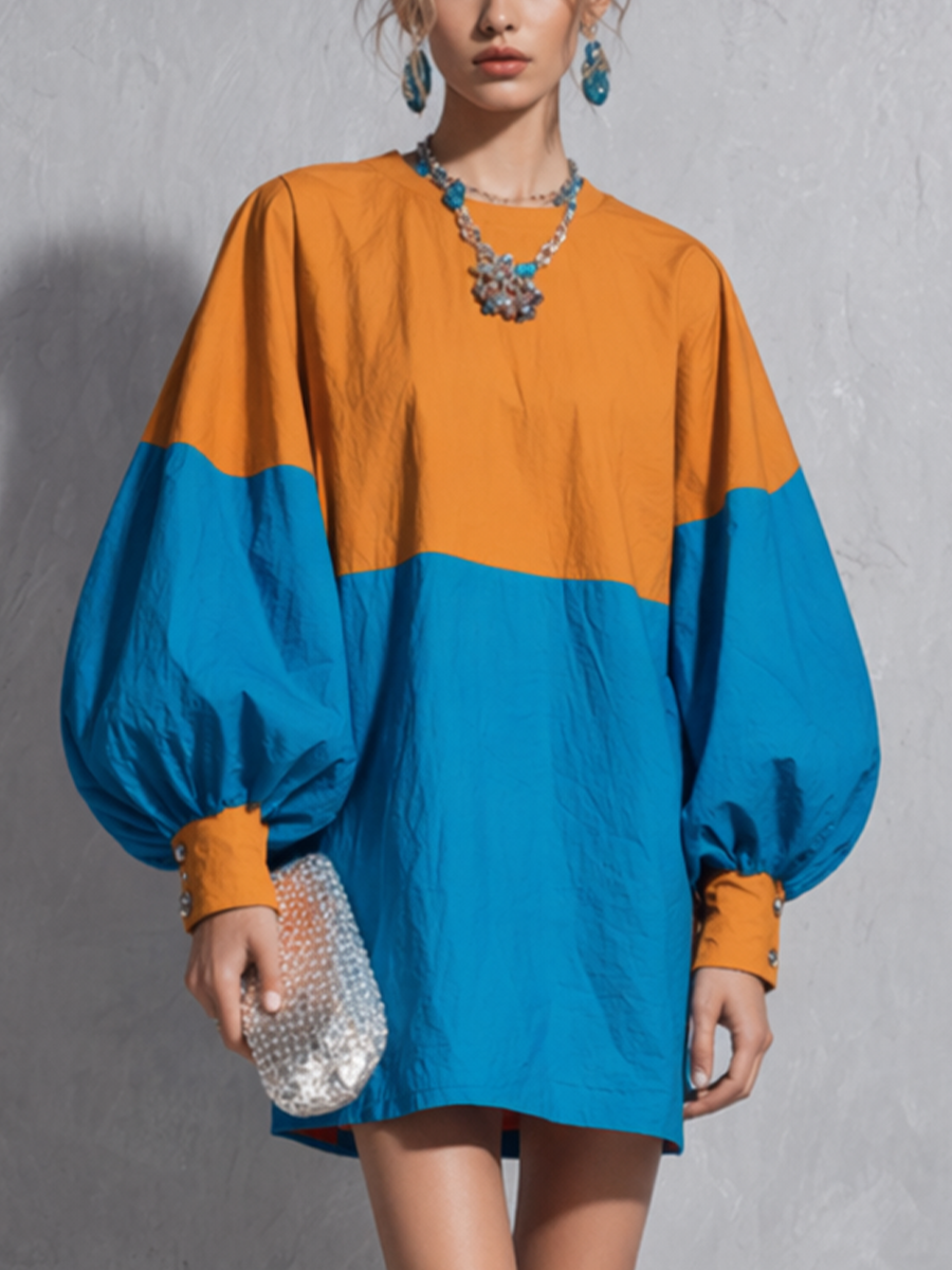 Women's Casual Orange And Blue Color-blocked Lantern Sleeve Loose Mini Dress MDZ1319D8GMJ