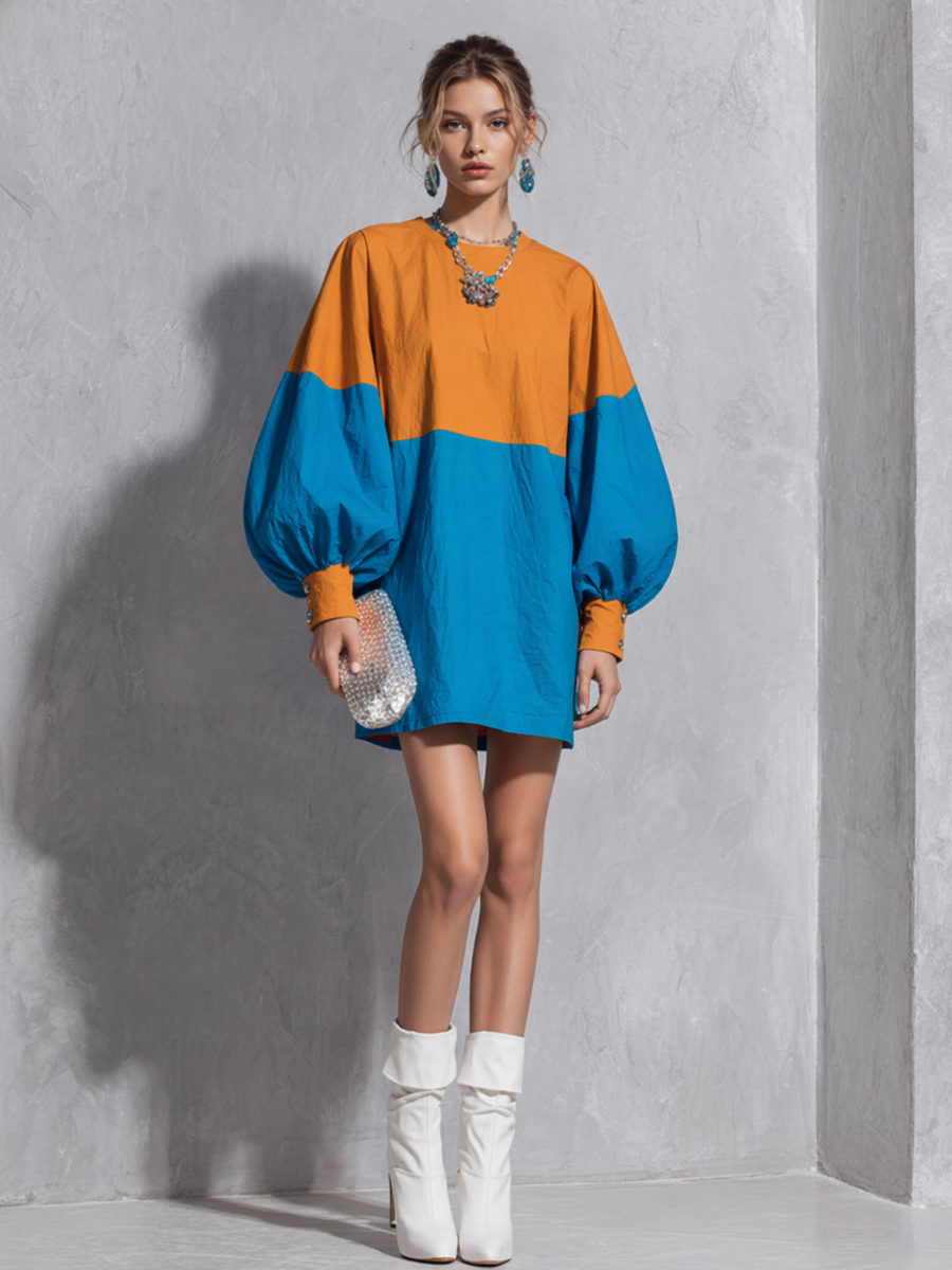 Women's Casual Orange And Blue Color-blocked Lantern Sleeve Loose Mini Dress MDZ1319D8GMJ