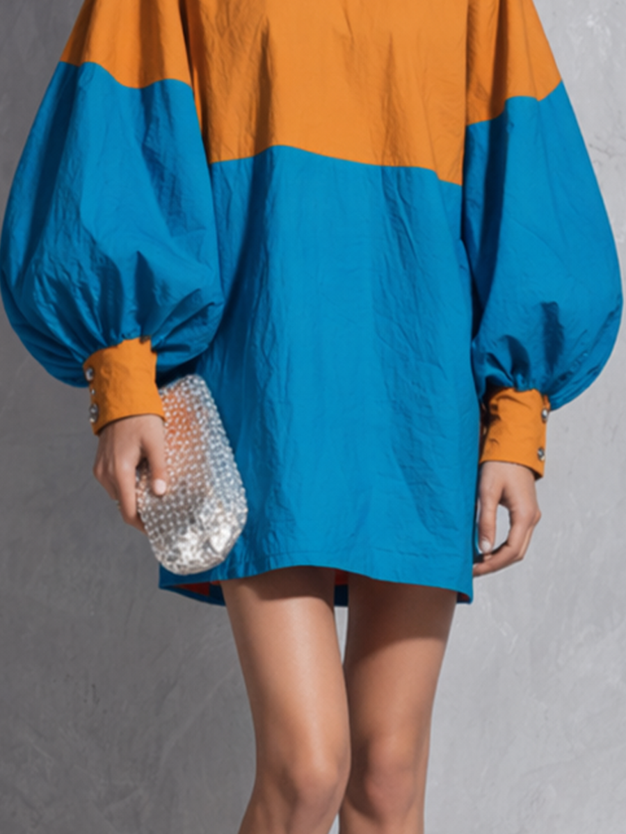 Women's Casual Orange And Blue Color-blocked Lantern Sleeve Loose Mini Dress MDZ1319D8GMJ