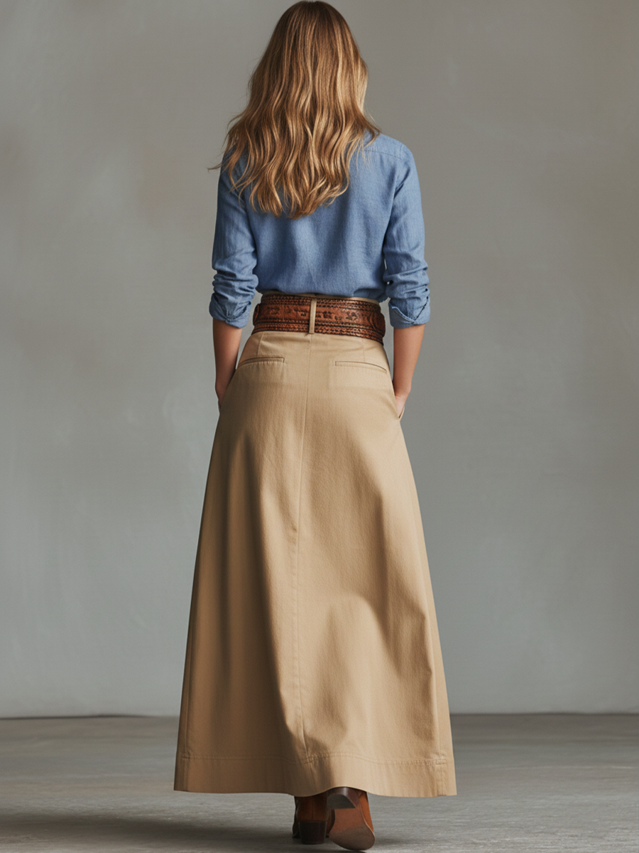 Women's Casual Khaki Cotton Blend A-line Long Skirt (Belt Not Included) MDZ1413D6GMJ