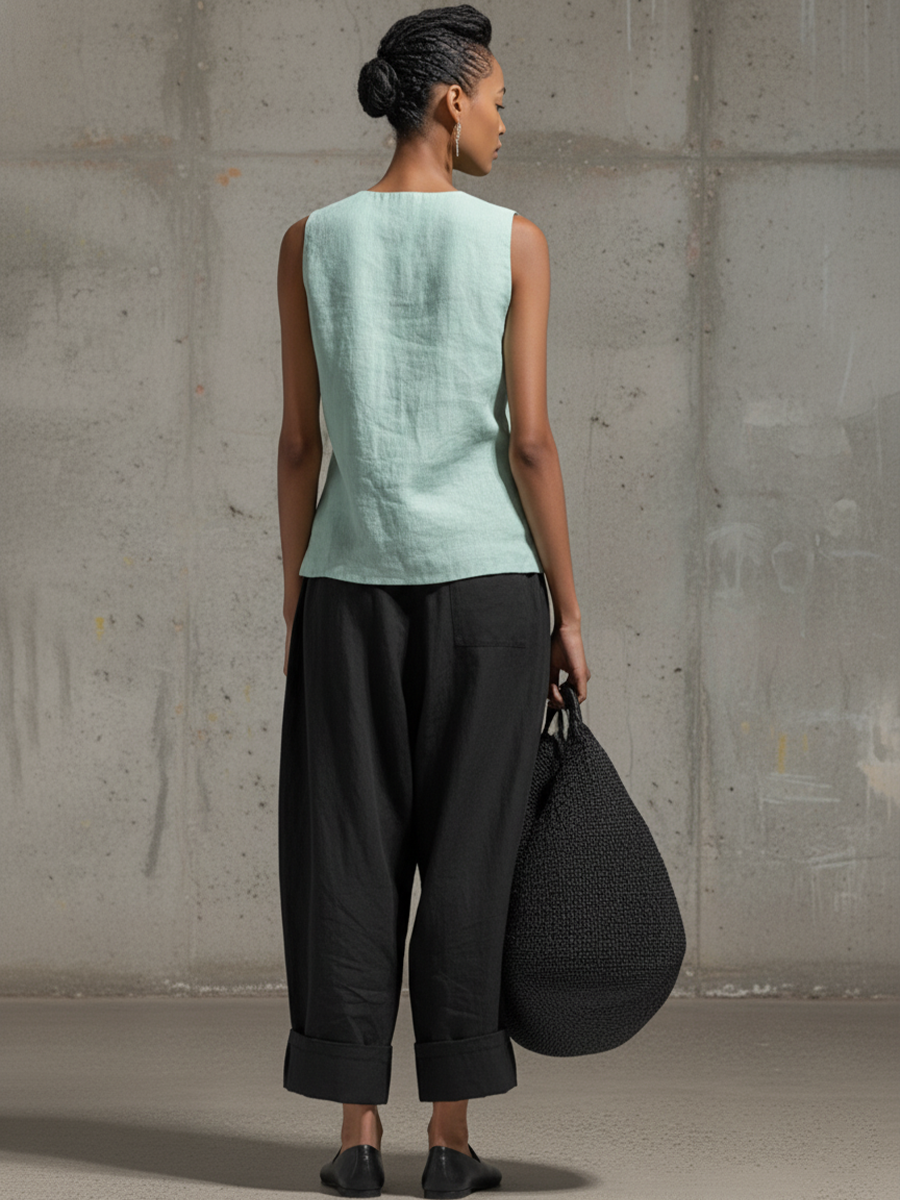 Women's Casual Mint Green Cotton Linen V-Neck Sleeveless Knotted Top MDZ1486D2GMJ