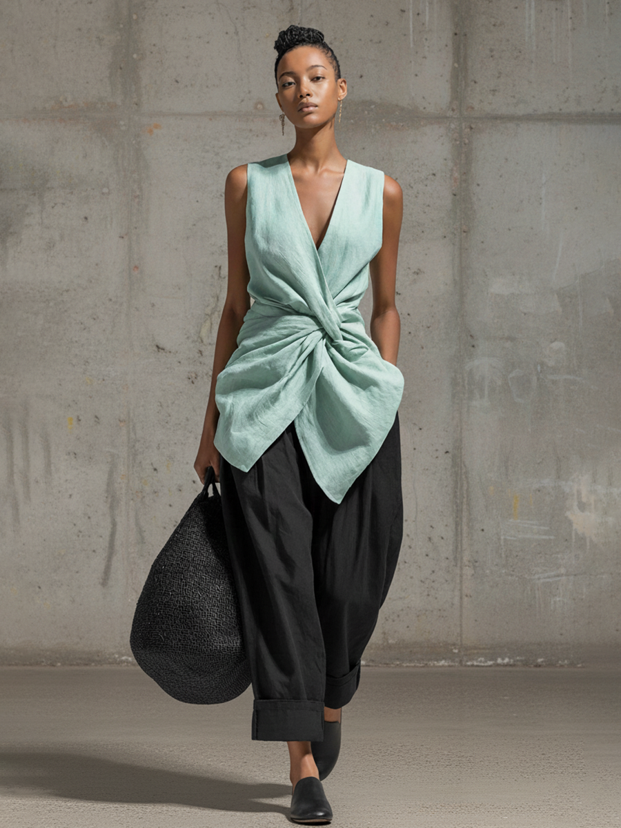 Women's Casual Mint Green Cotton Linen V-Neck Sleeveless Knotted Top MDZ1486D2GMJ