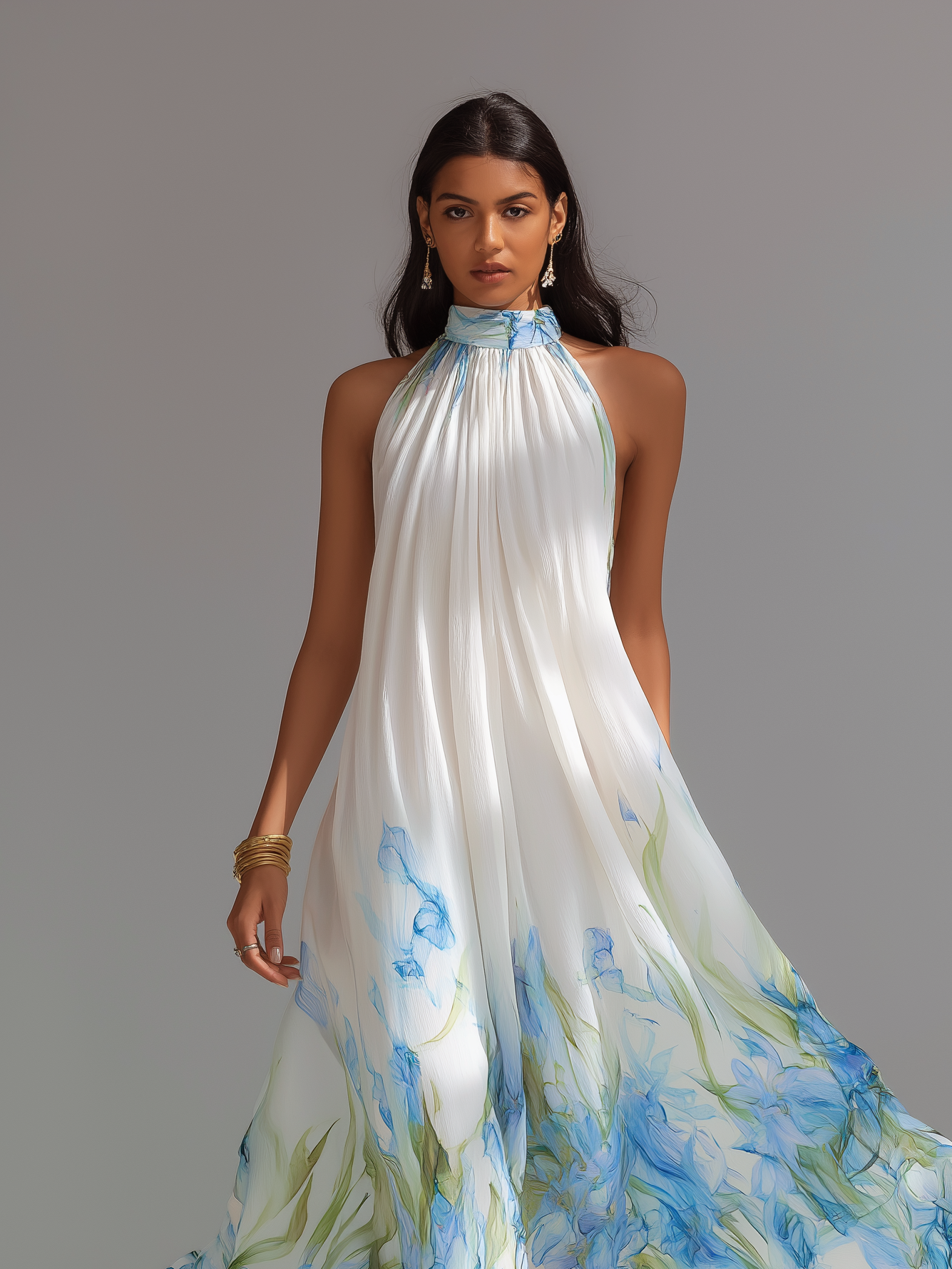 Women's Elegant White Printed Chiffon Halter-Neck Sleeveless Maxi Dres