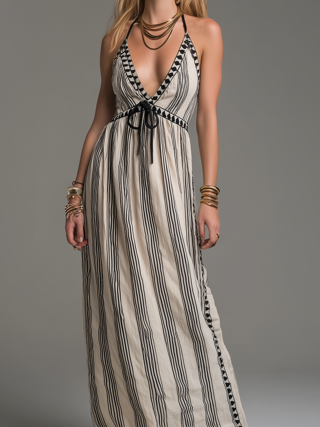 Women's Casual Black & White Striped Woven Sleeveless Spaghetti-Strap Maxi Dress MDZ1543D6LXY