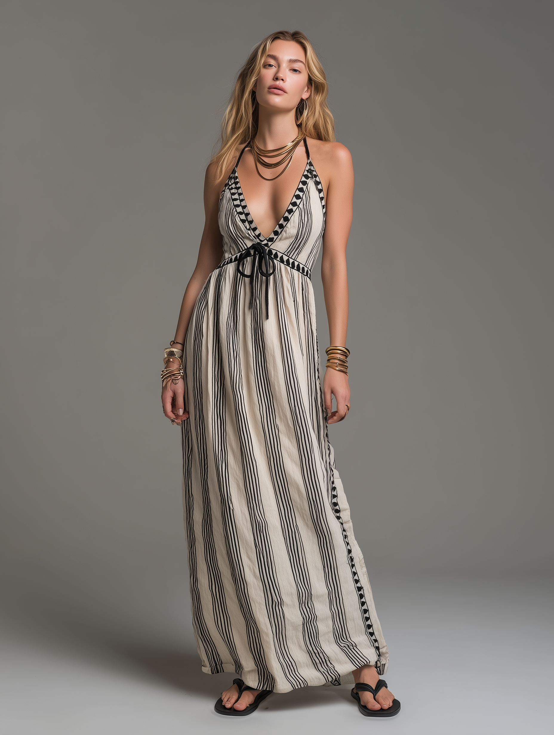 Women's Casual Black & White Striped Woven Sleeveless Spaghetti-Strap Maxi Dress MDZ1543D6LXY