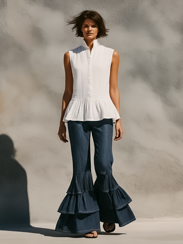 Women's Minimalist Stand-Collar Sleeveless Single-Breasted Shirt With Ruffled Hem MDZ1677D9Y