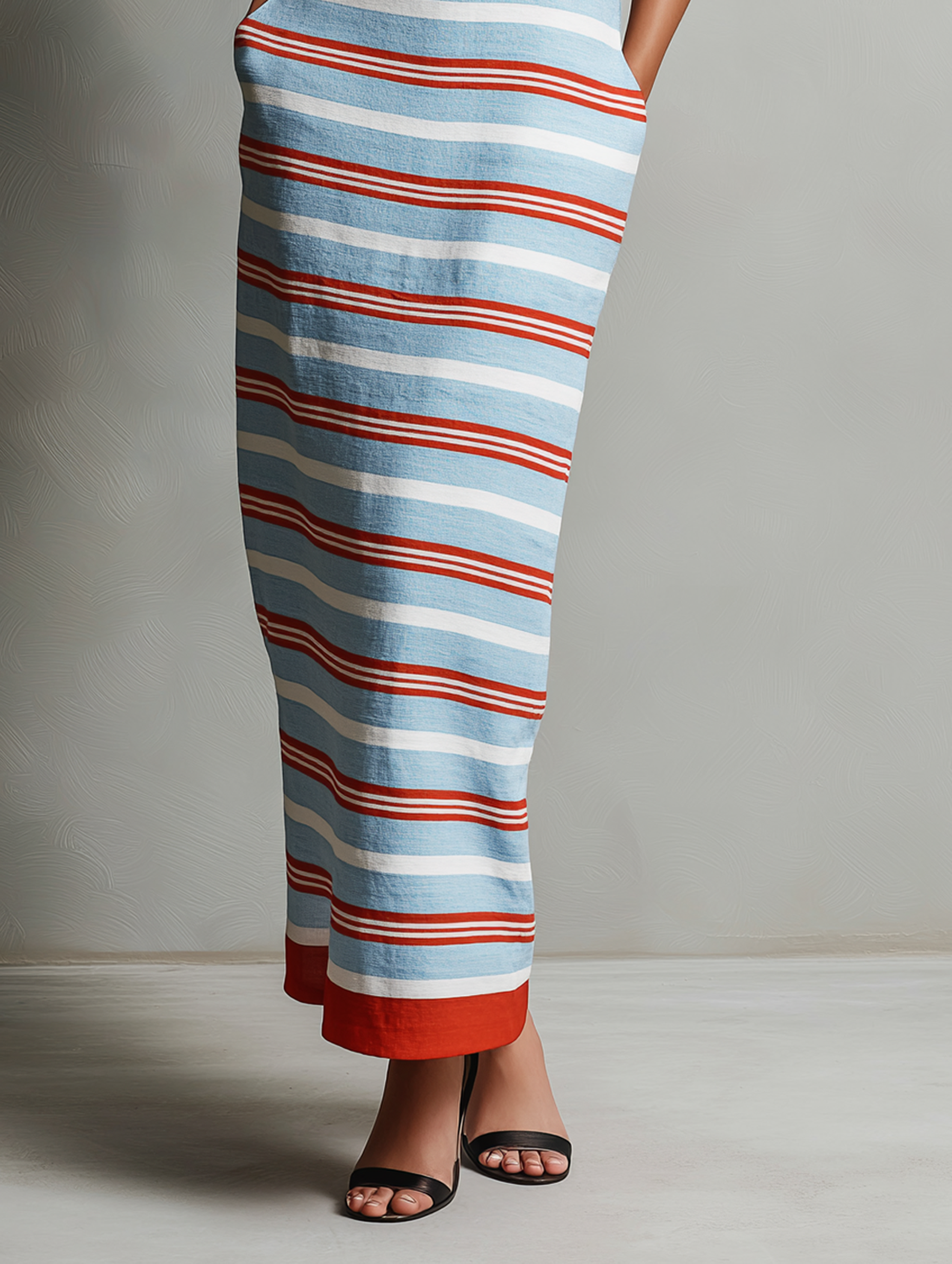 Women's Minimalist Striped Button-Front Collared Sleeveless Straight Maxi Dress MDZ1604D8Y