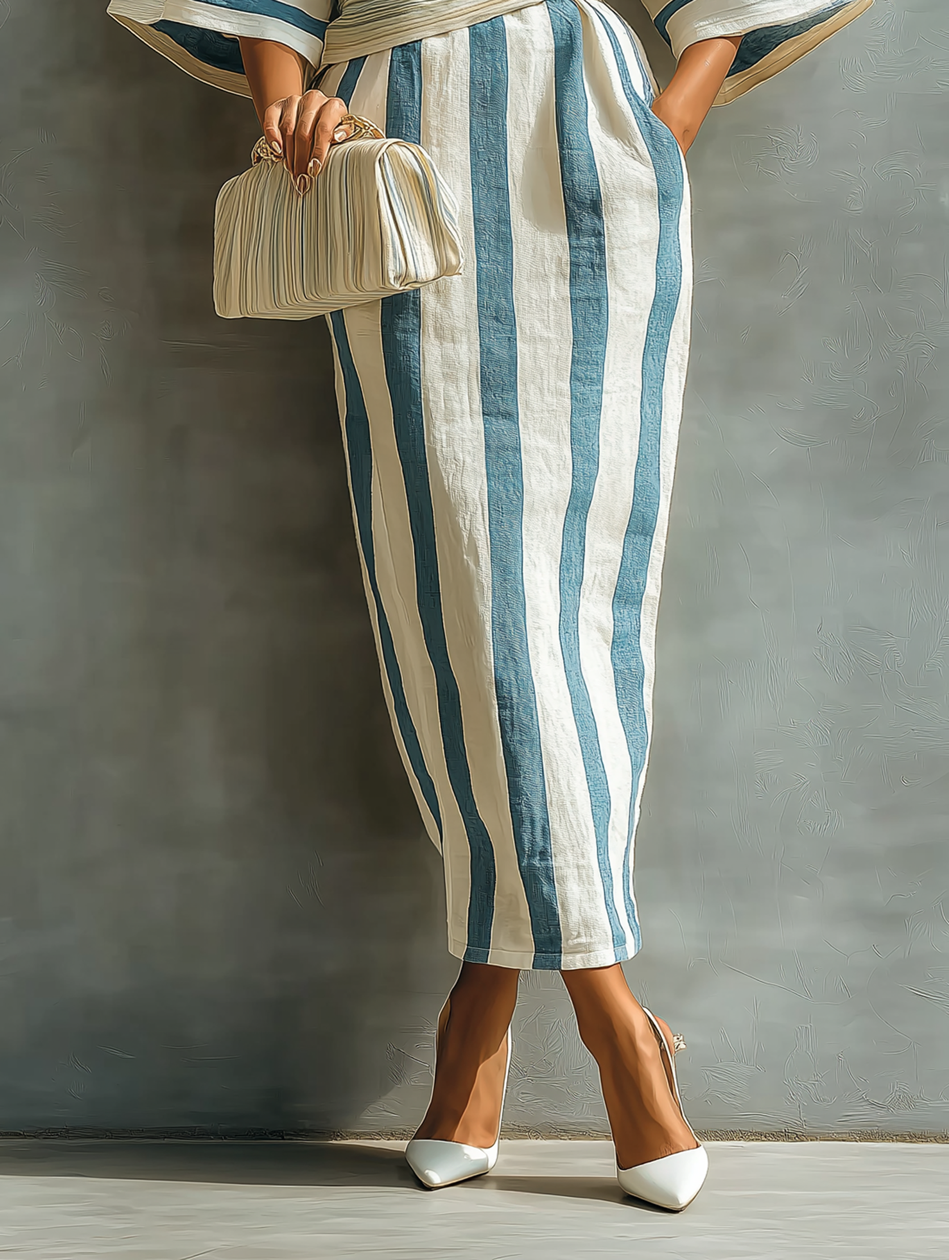 Women's Elegant Striped Print Batwing Sleeve Short-Sleeve Maxi Dress (Belt Not Included) MDZ1691D1Y