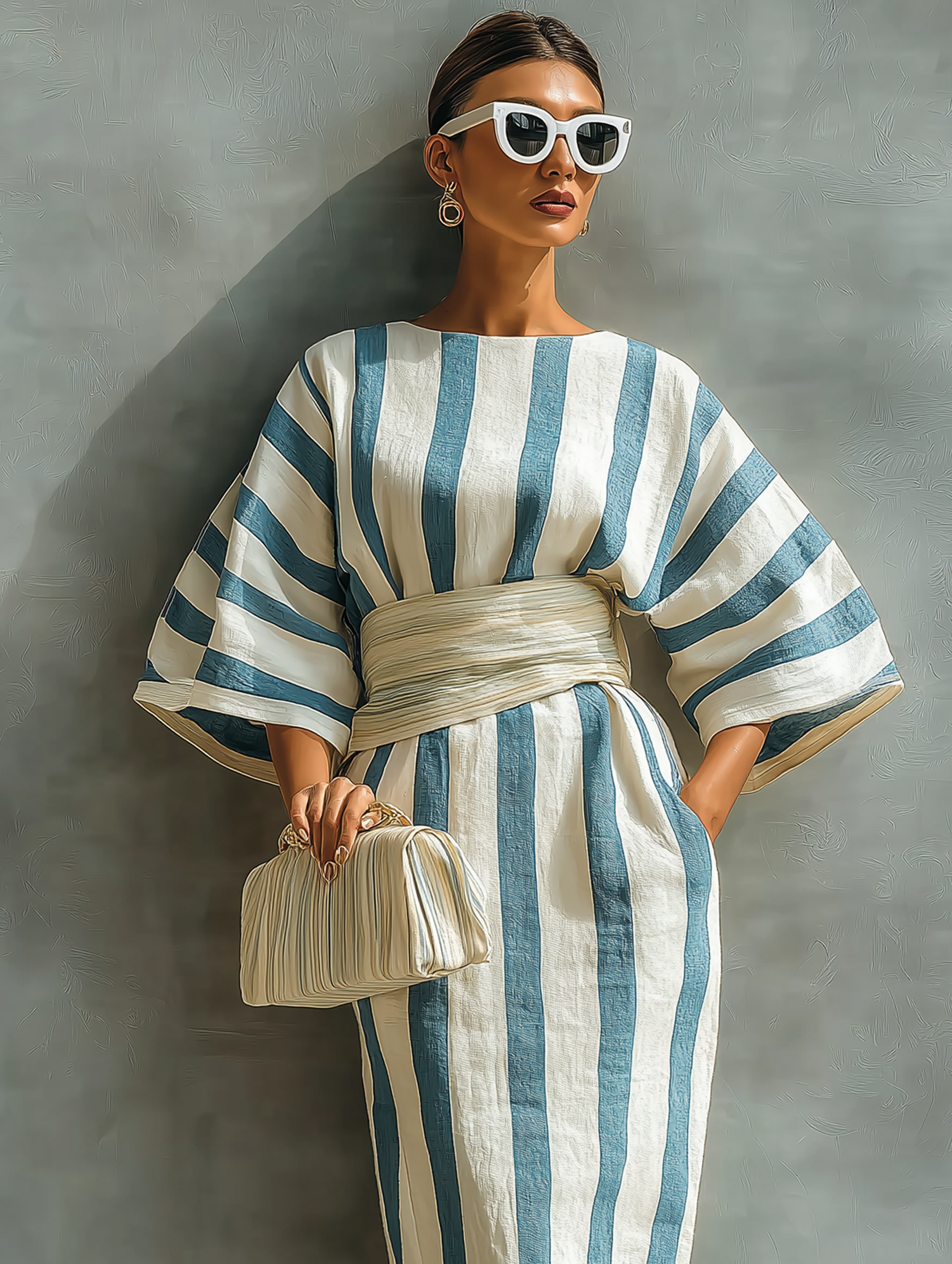 Women's Elegant Striped Print Batwing Sleeve Short-Sleeve Maxi Dress (Belt Not Included) MDZ1691D1Y