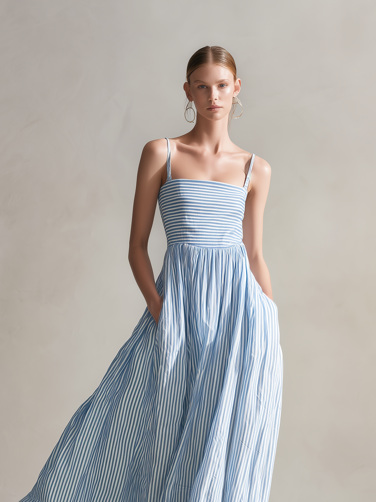 Women's Casual Light Blue Striped Woven Sleeveless Spaghetti-Strap Maxi Dress MDZ1634D5LXY