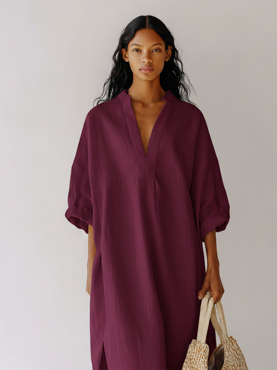 Women's Plum Linen-Blend Tunic Dress With Split Neck & Roll-Up Sleeves, Timeless Casual-Resort Style Dress MDZ1528D1LYL