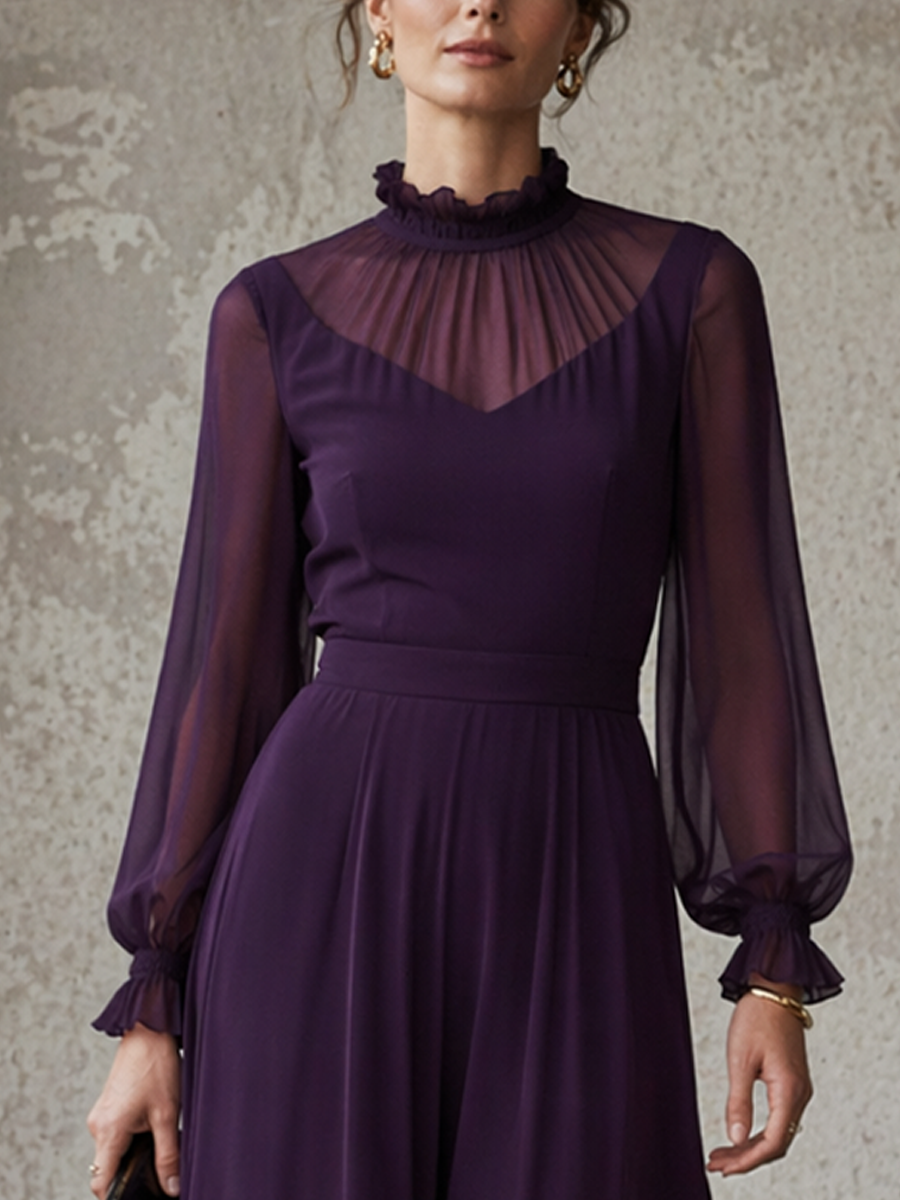 Women's Elegant Purple Chiffon Fashionable Lantern Sleeve High-Neck Slim Waist A-line Long Dress MDZ1679D2GMJ