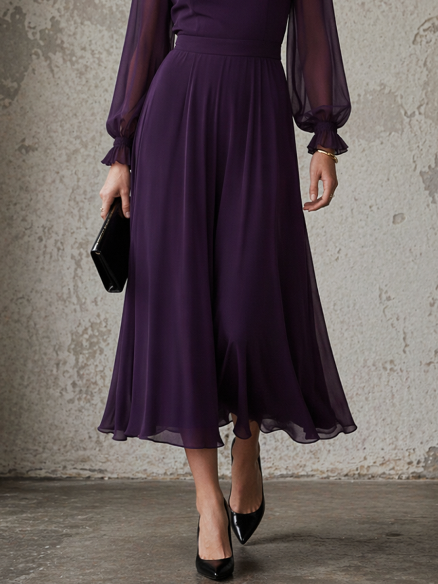 Women's Elegant Purple Chiffon Fashionable Lantern Sleeve High-Neck Slim Waist A-line Long Dress MDZ1679D2GMJ