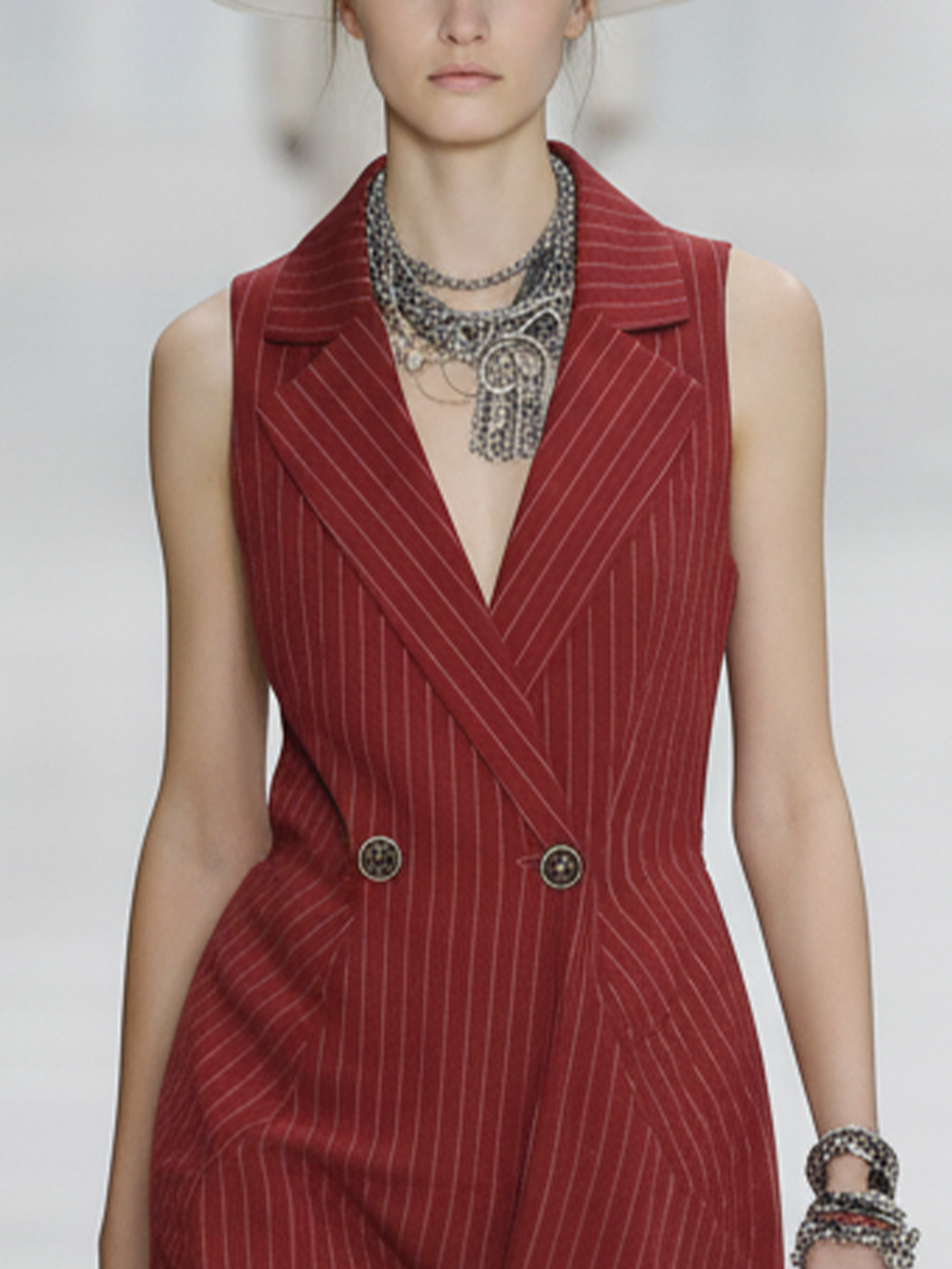 Women’s Fashionable Red And White Striped Turn-Down Collar V-Neck Slim Waist Sleeveless Mid-Length Dress With Metal Buttons MDZ1684D2GMJ