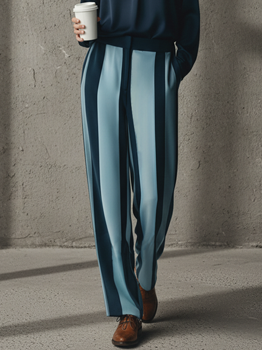 Women's Fashionable Navy Blue Matte Satin V-Neck Long-Sleeved Shirt And Navy & Light Blue Color-block Matte Satin Striped Wide-Leg Straight-Cut Pants Set MDZ1630D4GMJ