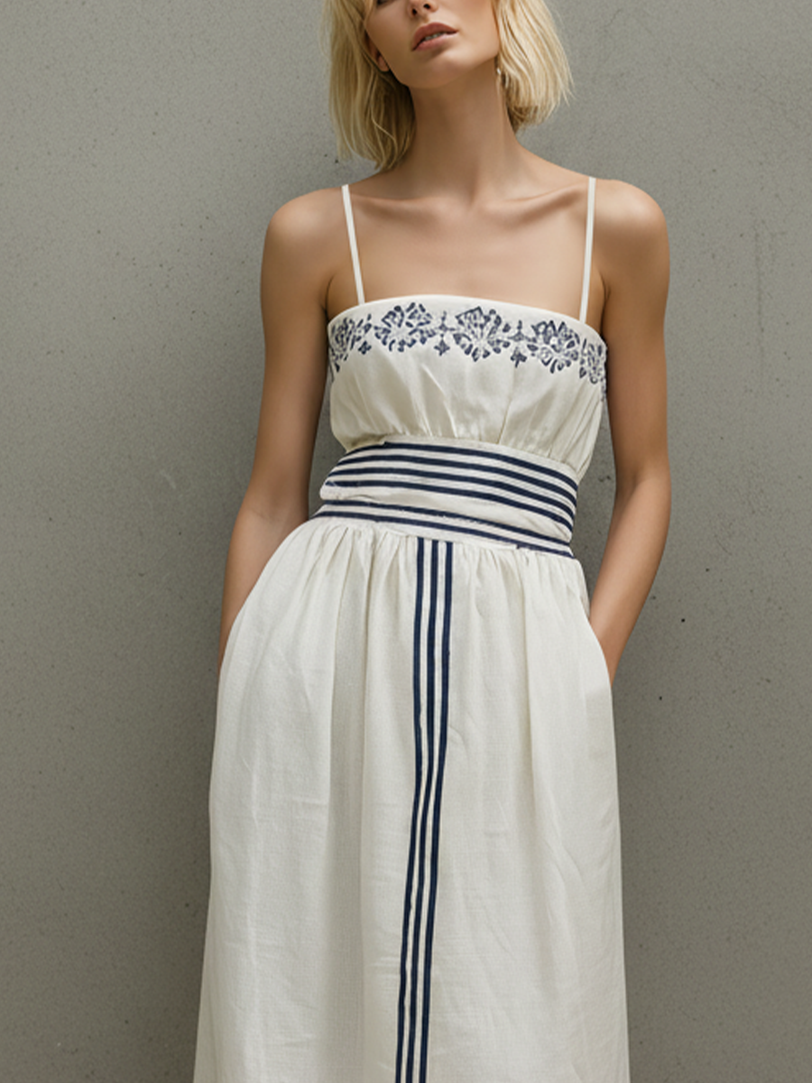 Women’s Off-White Linen-Blend Spaghetti Strap Maxi Dress With Blue Embroidery MDZ1521D4T