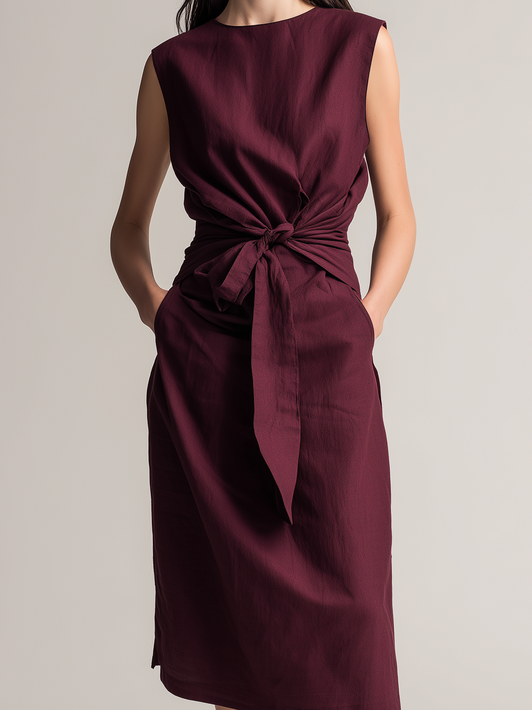 Women's Casual Dark Red Cotton-Linen Sleeveless Midi Dress With Round Neck MDZ1729D7LXY