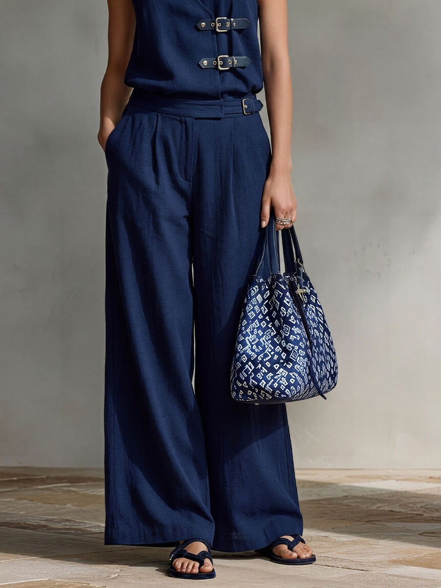 Women's Navy Linen-Blend Halter Two-Piece Set With Buckle Details & Wide-Leg Pants, Modern Nautical-Chic Outfit MDZ2158D1LYL