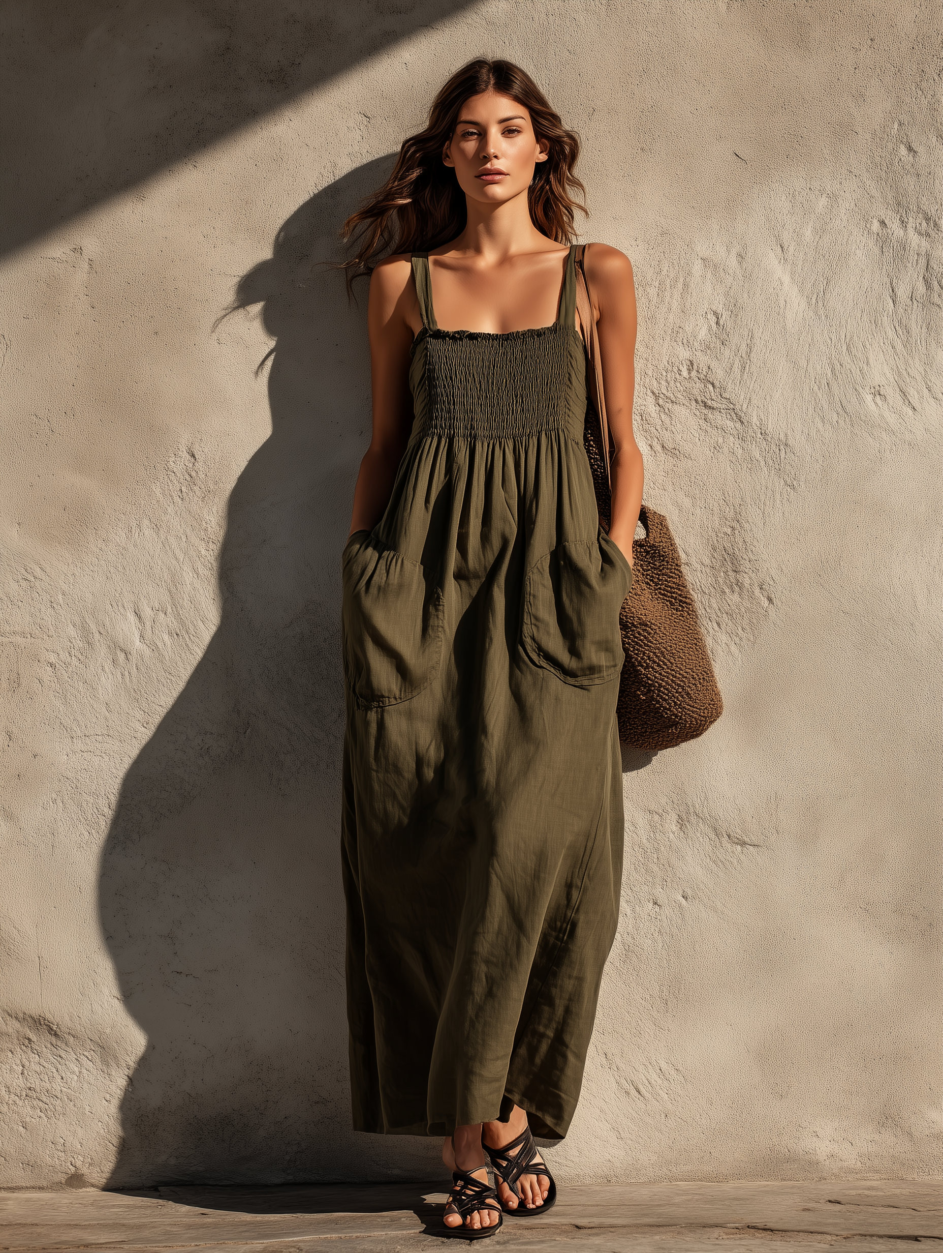 Women's Casual Olive Green Cotton-Linen Maxi Dress — Square Neck, Sleeveless MDZ2308D5LXY