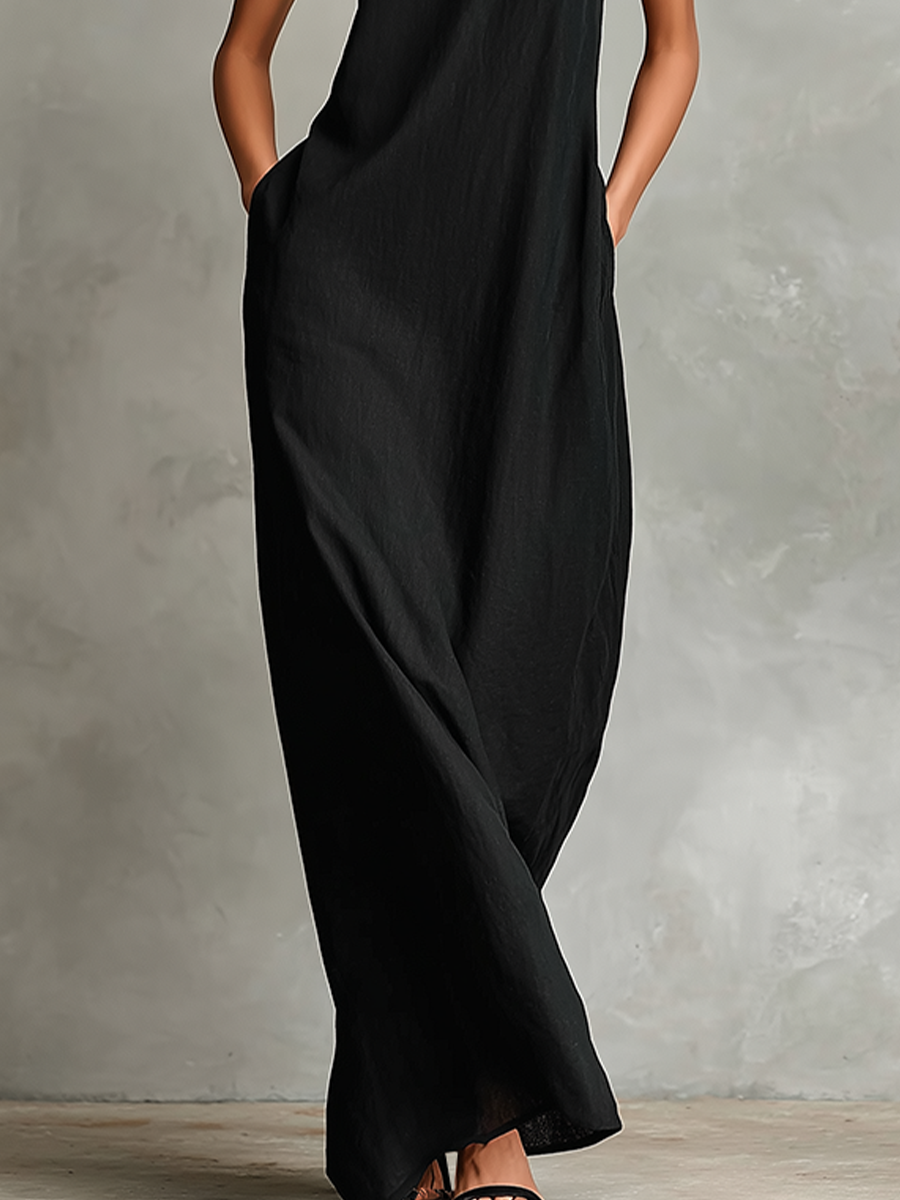 Women's Black Linen-Blend Maxi Dress With High Neck & Side Pockets, Ti