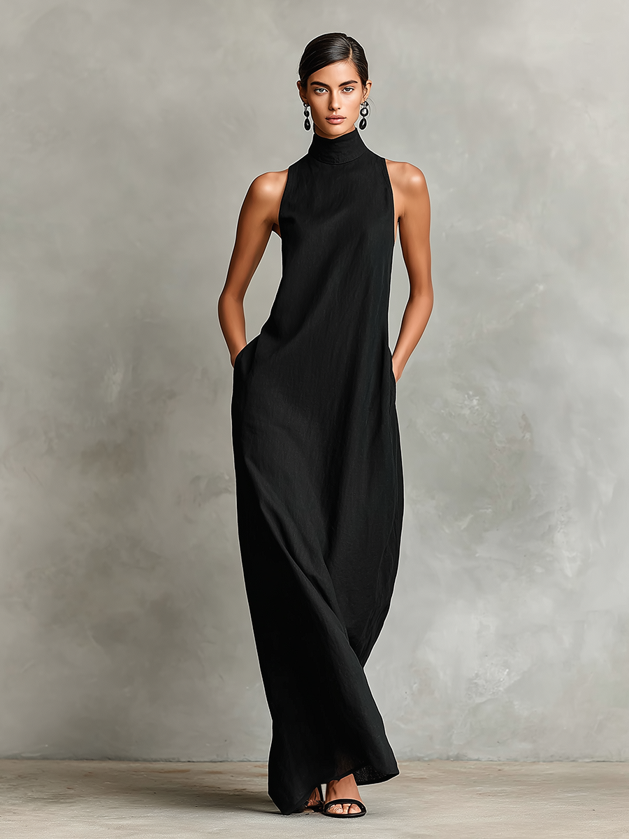 Women's Black Linen-Blend Maxi Dress With High Neck & Side Pockets, Ti Modesees Women's Black Linen-Blend Maxi Dress With High Neck & Side Pockets, Ti Modesees