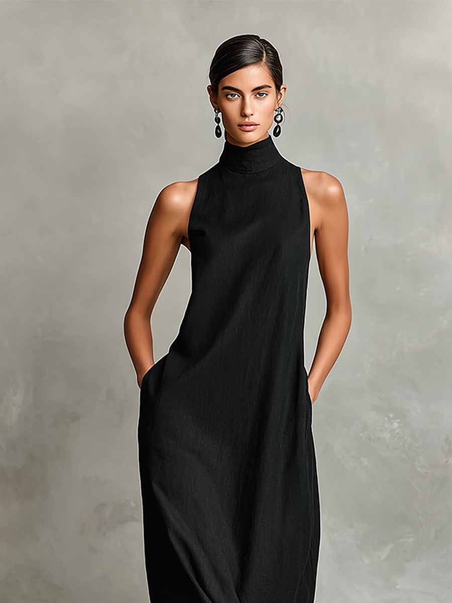 Women's Black Linen-Blend Maxi Dress With High Neck & Side Pockets, Ti