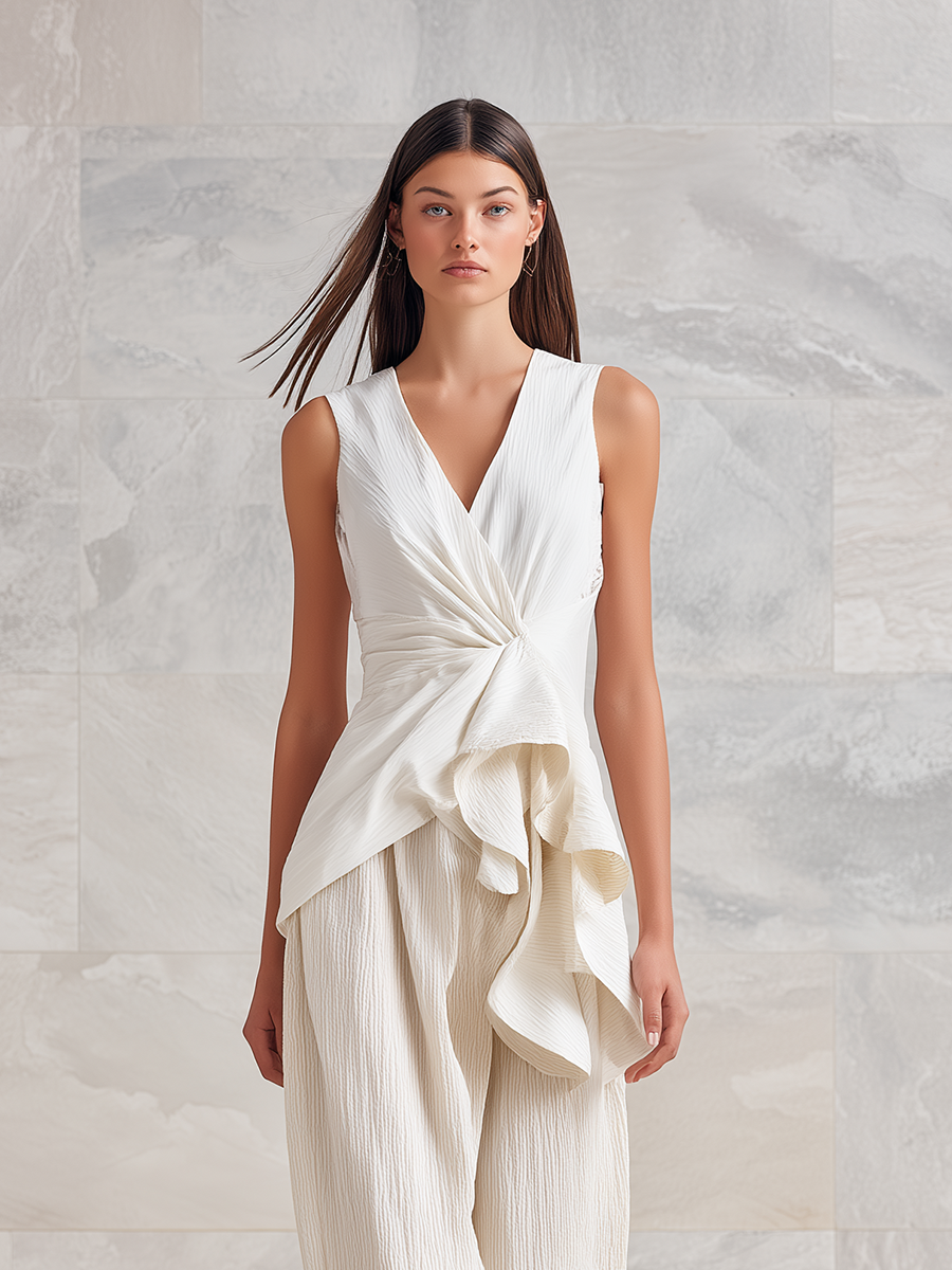 Women's Modern Minimalist Deconstructed Style Everyday White Cotton-Linen Sleeveless V-Neck Vest With Designer Pleated Details MDZ2919D6ZJW