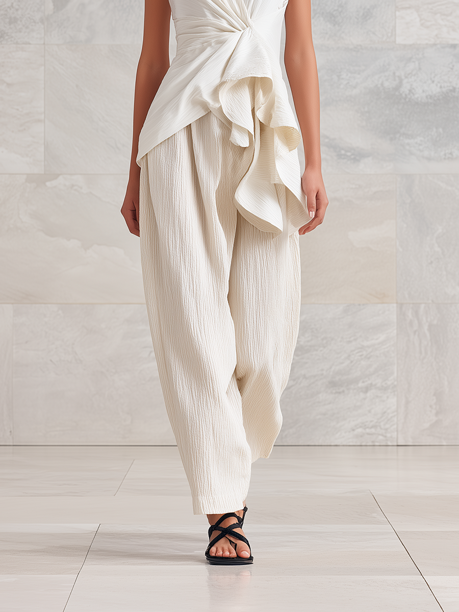 Women's Modern Minimalist Deconstructed-Style Loose-Fit White Cotton-Linen Trousers For Everyday Wear MDZ2979D7ZJW