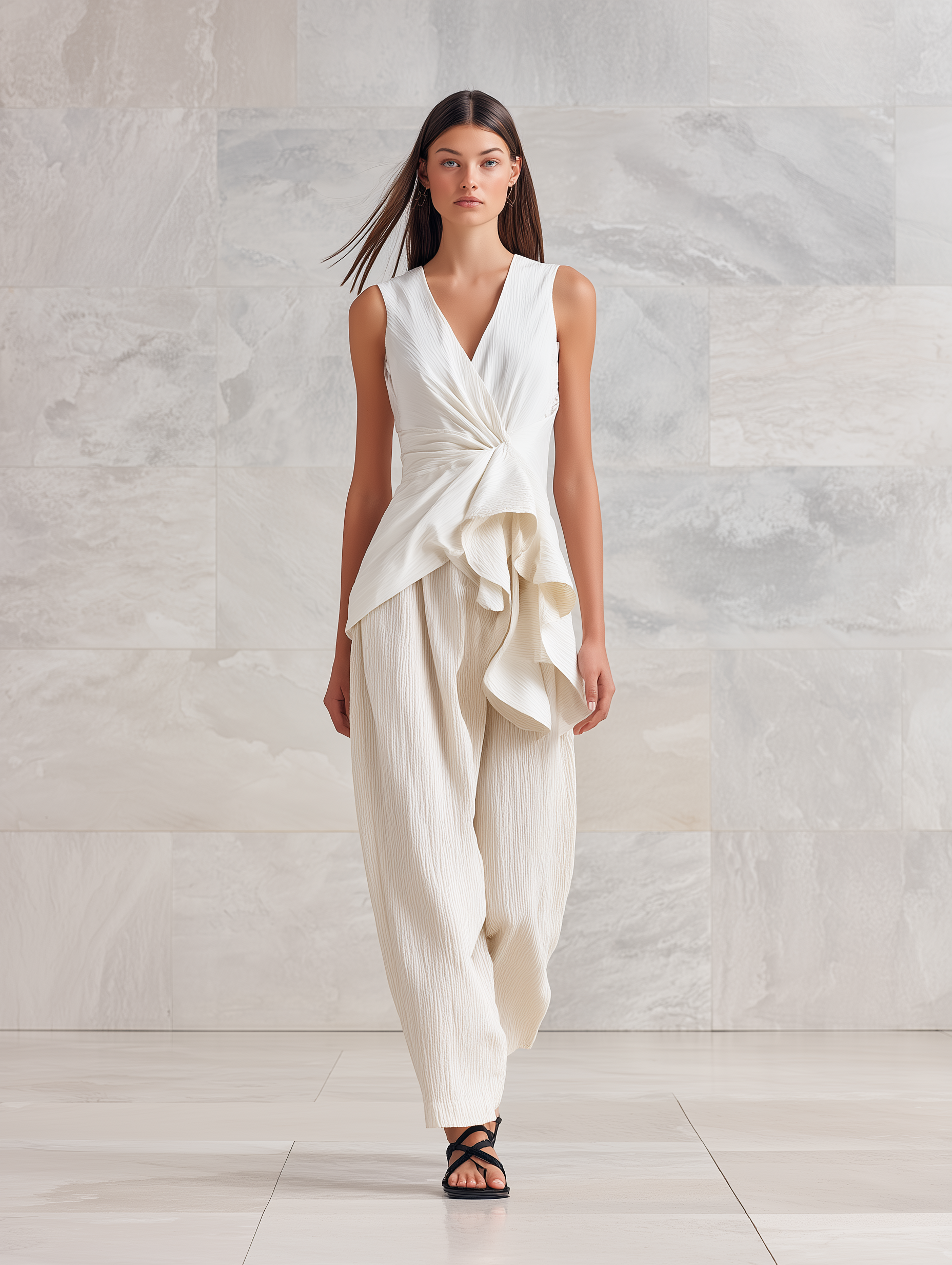 Women's Modern Minimalist Deconstructed-Style Loose-Fit White Cotton-Linen Trousers For Everyday Wear MDZ2979D7ZJW