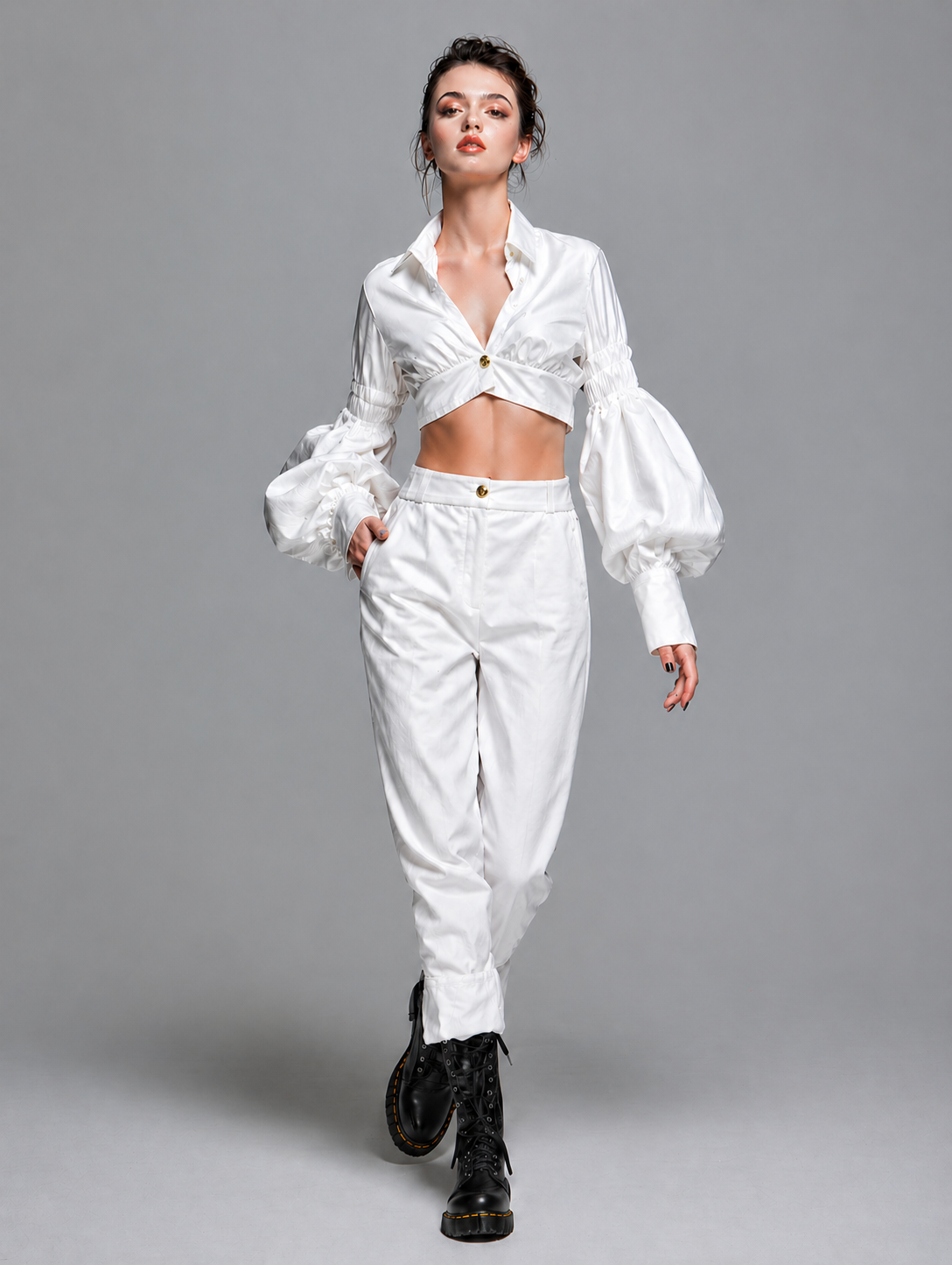 Women's Minimalist & Elegant White Polyester-Cotton Set: V-Neck Long-Sleeve Pleated Crop Top And Straight-Leg Cropped Trousers MDZ2961D9ZJW