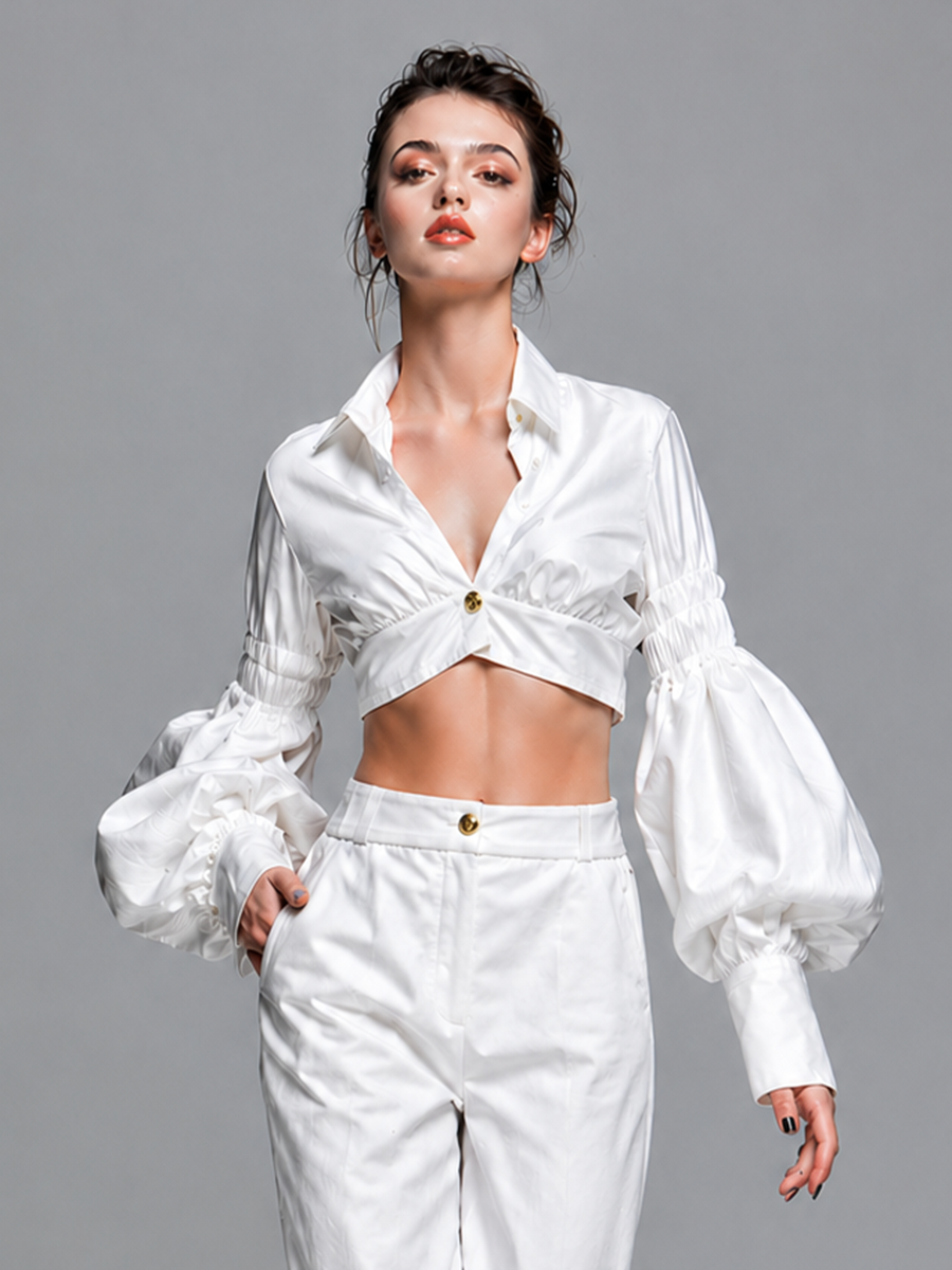 Women's Minimalist & Elegant White Polyester-Cotton Set: V-Neck Long-Sleeve Pleated Crop Top And Straight-Leg Cropped Trousers MDZ2961D9ZJW