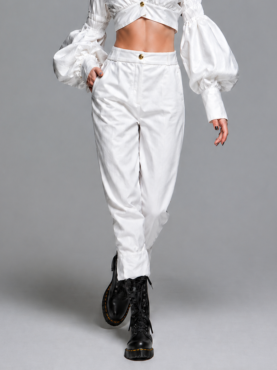 Women's Minimalist & Elegant White Polyester-Cotton Straight-Leg Cropped Trousers MDZ2950D2ZJW